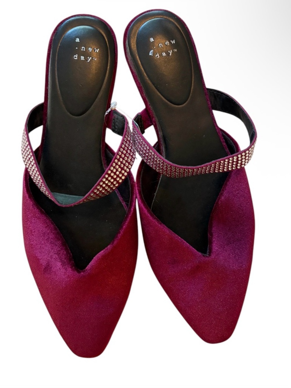 a new day Burgundy Velvet Pointed Slip on flats with Crystal Strap